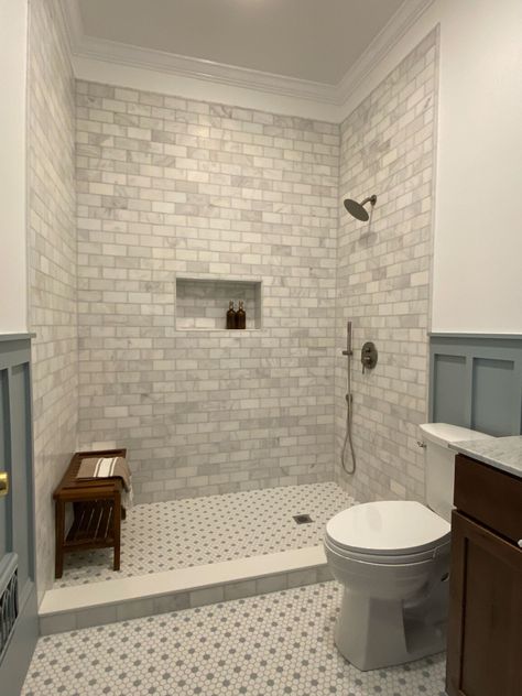 Guest Bathroom Renovation in My Client's Historic Home - Heather Homes Tiled Walk In Showers No Door, Full Tiled Bathroom, Tiled Walk In Showers, Shower Curb, Guest Bathroom Renovation, Tiled Bathroom, Blue Grey Walls, Gray Painted Walls, Walk In Showers