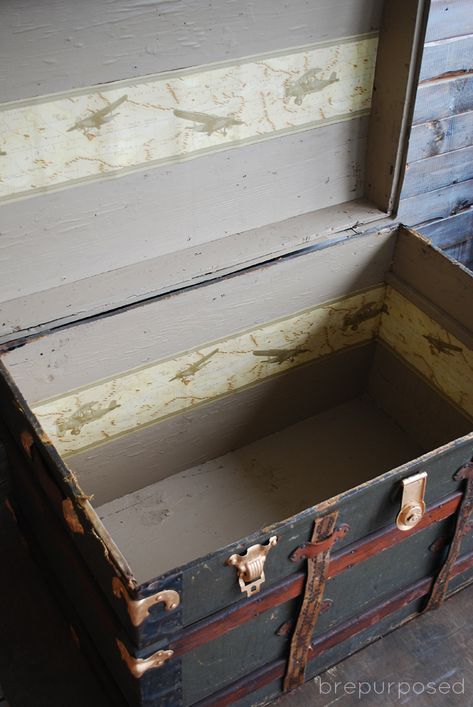 See how I update the inside of this old trunk with some simple wall border to add something extra! Old Chest Ideas Antique Trunks, Restoring Old Trunks, Restore Trunk Chest, Antique Trunk Makeover, Old Trunk Redo, Steamer Trunk Restoration, How To Restore Old Steamer Trunk, Trunk Redo, Diy Storage Trunk