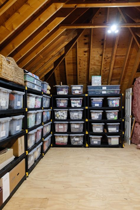 Attic Storage Shelves, Garage Attic Storage, Attic Storage Organization, Attic Storage Solutions, Attic Organization, Garage Attic, Finished Attic, Attic Closet, Garage Loft