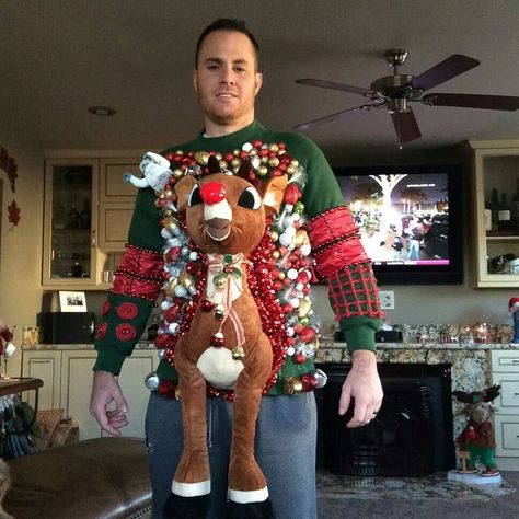 Ugly Christmas Outfit, Ugliest Christmas Sweater Ever, Ugly Christmas Sweater Diy Funny, Ugly Christmas Sweater Outfit, Ugly Christmas Sweater Contest, Diy Christmas Sweater, Christmas Sweater Outfits, Trash To Couture, Ugly Christmas Sweater Couples