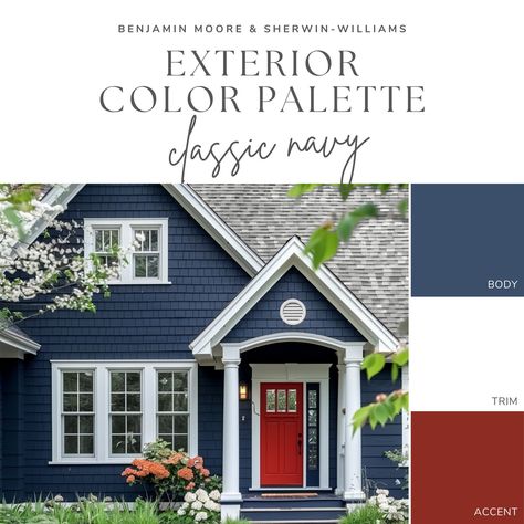 Blue And White Houses Exterior, Navy House Red Door, Dark Blue Outdoor House Paint, New England Siding Colors, Blue Log Cabin Exterior, Navy Blue And White Exterior House, Midnight Blue Vinyl Siding House, Navy Exterior House Colors White Trim, Blue And Red House Exterior