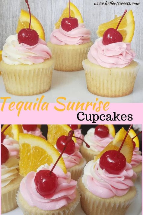 Super light and delicious Tequila Sunrise Cupcakes with orange and cherry! #tequila #tequilasunrise #orangecupcakes Tequila Cupcakes, Boozy Cupcakes Recipes, Alcohol Cake, Boozy Cupcakes, Alcoholic Desserts, Boozy Desserts, Cake Photos, Gourmet Cupcakes, Recipes Cake