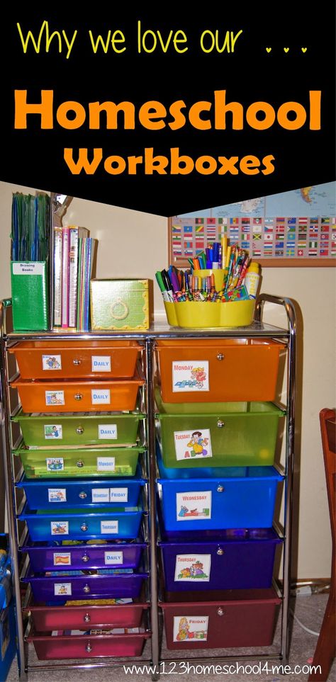 Homeschool Organization! Love these workboxes to keep everything neat, tidy, and ready to use! Homeschool Organization For Small Spaces, Workbox System, Homeschooling Organization, Organization For Small Spaces, 123 Homeschool 4 Me, Homeschool Room Ideas, Homeschool Space, Homeschool Education, Work Boxes