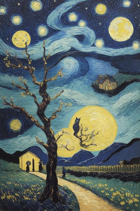 Starry Night Prom, Starry Night Art, Inspiration Painting, Moon Painting, Van Gogh Paintings, Van Gogh Art, Halloween Painting, Night Art, Art Inspiration Painting