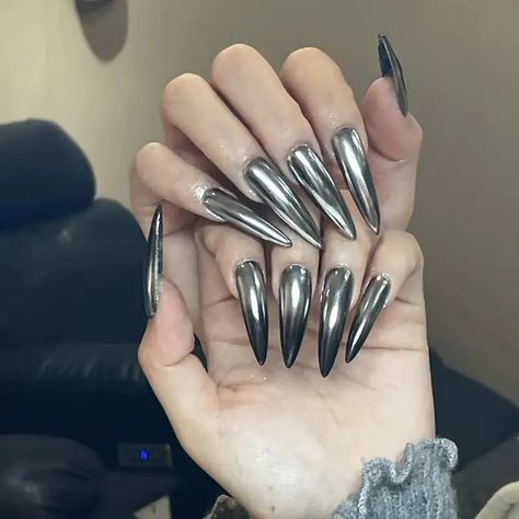 Metallic False Nails Punk Long Stiletto - Temu Long Press On Nails, Nagel Tips, Nails Set, Y2k Nails, Nail Forms, Nail Length, Estilo Punk, Style Punk, Unique Nails