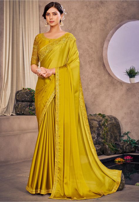 Sequins Fabric, Party Sarees, Plain Saree, Back Neck Designs, Drape Saree, Yellow Saree, Satin Saree, Embroidered Border, Utsav Fashion