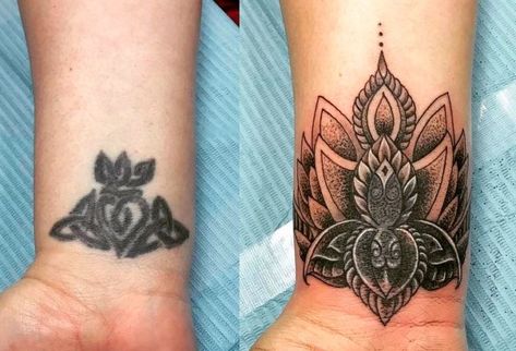 Coverup Wrist Tattoos For Women, Inner Wrist Tattoos, Tatuaje Cover Up, Mandala Wrist Tattoo, Cover Up Tattoos For Women, Best Cover Up Tattoos, Wrist Tattoo Cover Up, Cuff Tattoo, Ankle Tattoos For Women