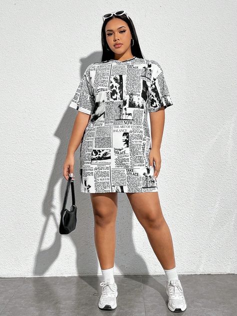 SHEIN EZwear Women'S Plus Size Newspaper Printed Loose Casual Round Neck DressI discovered amazing products on SHEIN.com, come check them out! Newspaper Print Dress, Newspaper Print, Round Neck Dress, Newspaper Printing, Slogan Tee, Round Neck Dresses, White Casual, Dress P, Plus Clothing