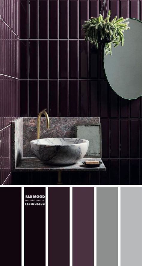 bathroom Archives - Fabmood | Wedding Colors, Wedding Themes, Wedding color palettes Dark Purple Tile Bathroom, Modern Purple Bathroom, Grey Bathroom Cabinets Color Palettes, Purple Half Bathroom Ideas, Bathroom Sink Splashback Ideas, Purple Bathroom Cabinets, Grey Bathroom Color Schemes, Dark Purple Bathroom Ideas, Black And Purple Bathroom