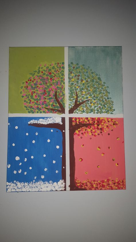 4 Seasons Fingerprint Art, Spring Season Decoration Ideas For School, Seasons Art For Preschool, Season Trees Preschool, 4 Season Tree Art, Seasons Year 1, 4 Seasons Art Projects For Kids, 4 Seasons Activities Preschool, 4 Seasons Art For Kids