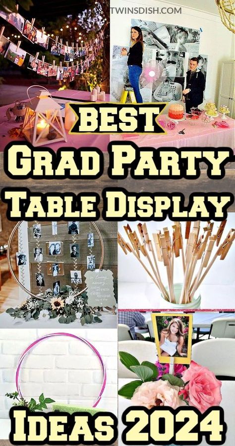 These Graduation party table display ideas are a simple way to show off your senior pictures. Graduation Party ideas for photo boards, collages, table centerpieces, memory tables, photo back drops and booths that are easy to Diy on a budget but look expensive. Create a cute Graduation Party aesthetic with these easy table decorations for all of your photos and senior memories. Picture Collage For Graduation Party, Centerpiece Picture Displays, How To Display Photos On A Table, Graduate Display Table Ideas, Grad Party Photo Centerpieces, Graduation Boards Ideas, Graduate Table Ideas, Graduation Reception Table Ideas, Senior Recognition Table Ideas