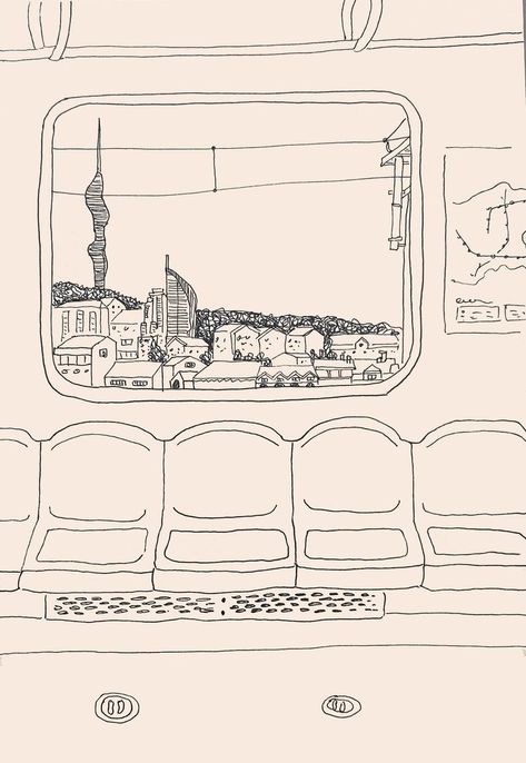 View Out Of Window Drawing, Back Ground Drawings, Train Scene Drawing, View From A Window Drawing, Looking Out Car Window Drawing, Drawing Window View, Train Drawing Aesthetic, Istanbul Sketch Drawings, Nyc Drawing Simple