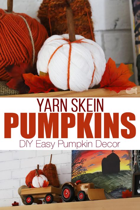 Decorate for fall with these adorable yarn pumpkins. Make this cute pumpkin decor with a yarn skein to make easy fall decorations for your home | DIY pumpkin decor | yarn skein crafts | fall crafts for the home | yarn pumpkins | no sew | yarn crafts for fall | fall home decorating | easy fall crafts | fall mantel | #yarncrafts #craftyfingers #autumncrafts #homedecor #pumpkins #yarn #DIYblogger Simple Yarn Crafts, Diy Yarn Pumpkins, Easy Fall Decorations, Pumpkin Craft Ideas, Diy Pumpkin Crafts, Paper Leaf Wreath, Home Coloring Pages, Diy Pumpkin Decor, Yarn Pumpkins