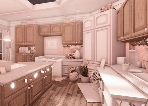 Bloxburg Kitchen Layout Ideas, Bloxburg Pink Kitchen Ideas, Blush Bloxburg House Interior, Bloxburg Kitchen Ideas Cottage Core, Bloxburg House Decor Ideas Kitchen, Bloxburg Kitchen Ideas 4x4, Bloxburg Pink Kitchen, Bloxburg Blush House Layouts 2 Story, Big Bloxburg Kitchen Ideas