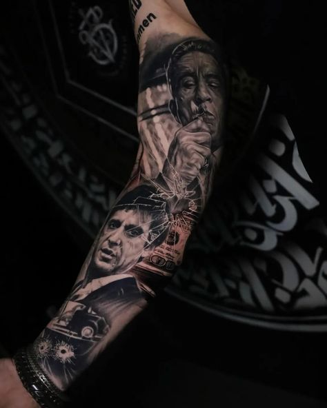 Goodfellas Tattoo Ideas, Gangster Sleeve Tattoo, The Godfather Tattoo, Goodfellas Tattoo, Scarface Tattoo, Mafia Tattoo, Godfather Tattoo, Portrait Tattoo Sleeve, Gangster Tattoo