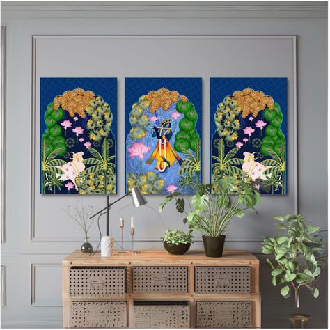 Paintings For Indian Living Room, Pichwai Paintings For Living Room, Shrinathji Canvas Painting, Drawing Room Paintings Wall Art, Pichwai Paintings Set Of 3, Pichwai On Wall, Bohemian Art Painting, Indian Art Gallery Wall, Pichwai Wall Art