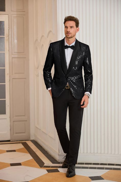 This men's sequin blazer is embellished with high-quality sequins that are well-crafted and solidly sewn on the blazer. The silky lining makes them exceptionally pleasant to wear, giving you both comfort and a distinct look. #men #sequin #shiny #party #club #blazer Mens Sequin Blazer, Sequin Suits Men, Glitz And Glam Men Outfit, New Year Party Outfit Men, Shiny Suit Men, Glam Outfit Men, Glitz And Glam Party Outfit Men, Sequence Blazer Outfits, Party Wear Blazers For Men