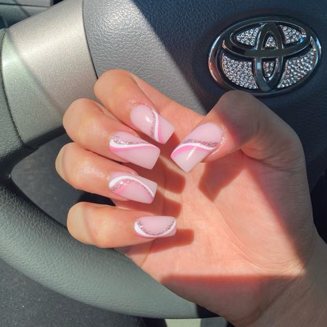 Pink, white, and pink glitter swirl on short acrylic nails with a baby pink base. Baby Pink And Silver Nails, Baby Pink Acrylics, Hoco Nails, Baby Pink Nails, Light Pink Nails, White French Tip, Lines On Nails, Short Acrylic, Pink Nail Designs