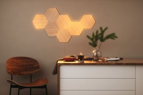 Nanoleaf Panels, Led Wall Panels, Element Lighting, Lighting Pattern, Light Panels, Smart Lights, Philips Hue, Smart Lighting, Wood Accents