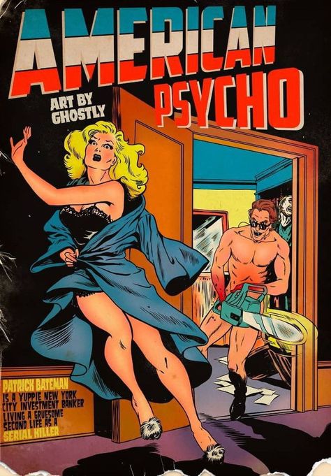 Horror Movie Comics, American Physco Tattoos, American Psyco Draw, American Physco Fanart, Movie Comic Art, Movie Comic Poster, Patrick Bateman Poster, Comic Poster Design, Vintage Comics Aesthetic