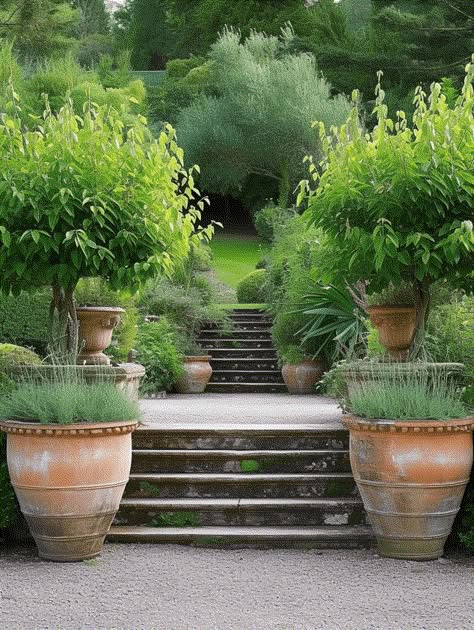 75+ Garden Path Ideas You Have To Check Out Provence Garden Inspiration, Terraced Garden Ideas, Garden Path Ideas, Large Garden Pots, Large Terracotta Pots, Mediterranean Garden Design, Green Backyard, Garden Pathways, Fig Trees