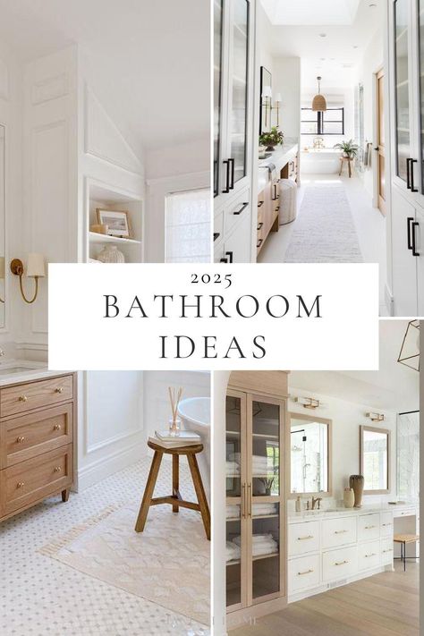 Beautiful Bathroom Design and Decor Ideas for 2025 – jane at home Bathroom Vanity To The Floor, Master Bath Remodel Bohemian, Neutral Timeless Bathroom, Timeless Bathroom Decor, Guest Bathroom With Shower Ideas, Bathroom Tile Floor Ideas Master Baths, Smart Bathroom Design, Ensuite Flooring, Romantic Master Bath