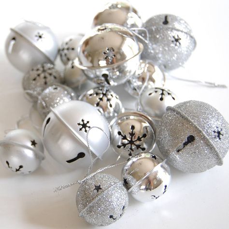 Sparkly Bells and silver Bells. These pretty bell decorations come in 2 sizes with a loop to hang them from your tree. Each set contains Sparkly bells, silver bells and silver matt bells. Small sold as set of 12 bells 4cm diameter £7.50Large sold as a set of 6 bells 6cm diameter £7.50 SORRY - LARGE HAS NOW SOLD OUT Silver Gold Christmas, Silver Bells Christmas, Christmas Wishes Greetings, White Christmas Ornaments, Christmas Sparkle, Bell Christmas, Festival Of Trees, Bells Christmas, Bell Decorations