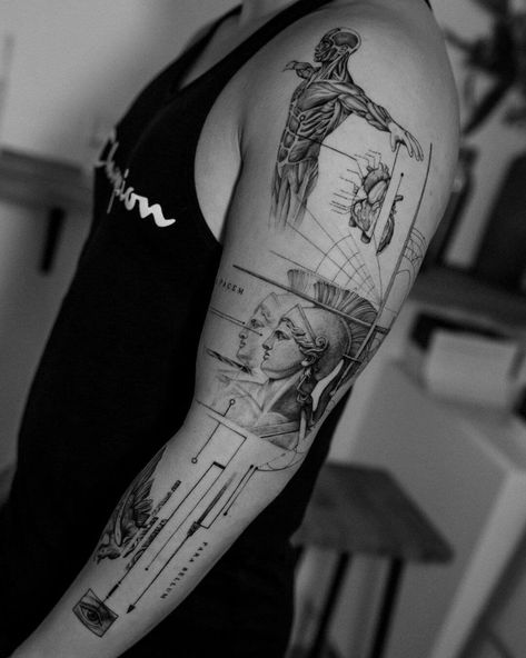 Vitruvian Man Tattoo, Greek Statue Tattoo, Geometric Tattoo Leg, Herren Hand Tattoos, Geometric Tattoo Sleeve Designs, Geometric Tattoo Pattern, Concept Tattoo, Mangas Tattoo, Geometric Sleeve Tattoo