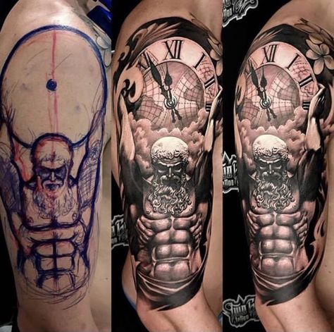 Atlas Tattoo Mythology, Atlas Tattoos, Atlas Tattoo, Zeus Tattoo, Spartan Tattoo, Tattoo Health, Skull Sleeve Tattoos, Forarm Tattoos, Mythology Tattoos