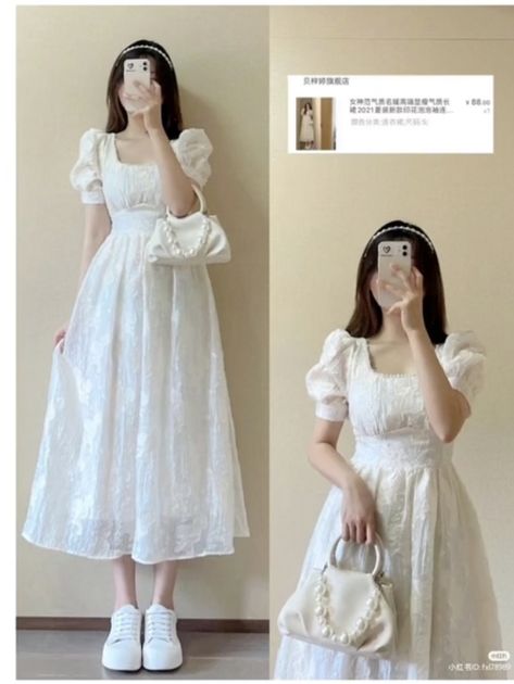 Corian Dress, Flipkart Outfit Ideas, Korean Dress Outfit Elegant, Elegant Flowy Dress, Cute White Dresses Classy, Japan Outfit Ideas, White Dress Outfits, Korean Outfits Men, Outfits Japan