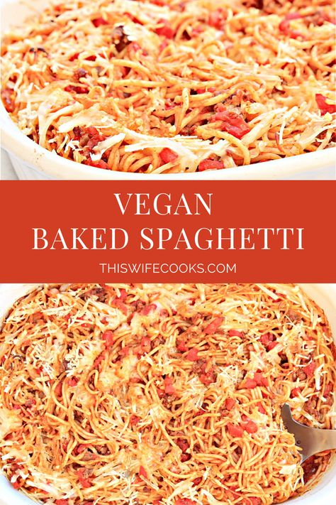 Baked Spaghetti Vegan Baked Spaghetti Recipe, Dairy Free Baked Spaghetti, Vegan Spaghetti Recipes, Vegan Baked Spaghetti, Vegan Potluck Recipes, Alpha Gal, Vegan Ground Beef, Vegetarian Spaghetti, Baked Spaghetti Recipe