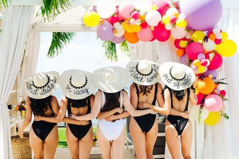 Tampa Bay Bachelorette Party in Custom Black and White Bridal Party Bathing Suits with Personalized Hats, Colorful Purple, Yellow, Pink, Hot Pink, White, Orange and Red Balloon Arch with Real Florals and Cabana Backdrop | Tampa Bay Wedding Venue The Godfrey Hotel | Photographer Grind and Press Photography | Bachelorette Attire Isabel O'Neil Bridal Whimsical Pool, Bachelorette Attire, Bachelorette Party Essentials, Bachelorette Matching, Bachelorette Pool, Bachelorette Pool Party, Flamingo Pool Float, Press Photography, Balloons Photography