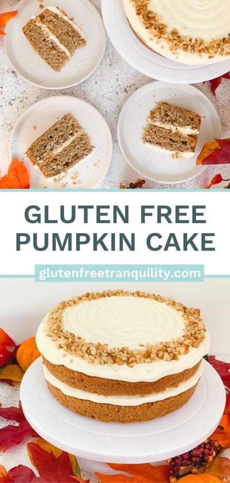 Pumpkin cake on a cake stand with a white background surrounded by fall leaves. Sheet Cakes Recipes, Gluten Free Pumpkin Desserts, Gluten Free Pumpkin Cake, Pumpkin Cake With Cream Cheese, Gluten Free Cake Recipes, Gluten Free Birthday Cake, Pumpkin Pound Cake, Gluten Free Pumpkin Recipes, Gluten Free Cake Recipe