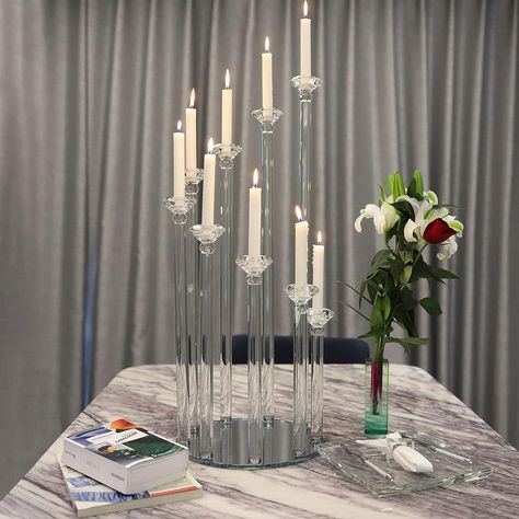 1-Pack) 32" Crystal Table Candelabra Candle Holder-9 Arms, Pillar Taper Candlesticks Centerpiece Decorations w/Round Mirror Base - Perfect for Birthdays, Weddings, Table Decoration, Event Decor Visit the Azure Sk Candlesticks Centerpiece, Glass Candelabra, Candlestick Centerpiece, Decoration Event, Crystal Centerpieces, Crystal Holder, Crystal Table, Led Color Changing Lights, Circular Mirror