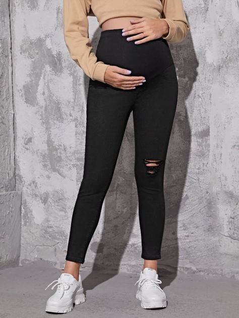 Black    Denim Plain   Medium Stretch  Maternity Maternity Distressed Jeans, Black Bump Friendly Maternity Bottoms, Black Stretch Maternity Bottoms, Black Maternity Jeans, Maternity Black Bump-friendly Dress, Black Denim, Black Jeans, Pants, Black