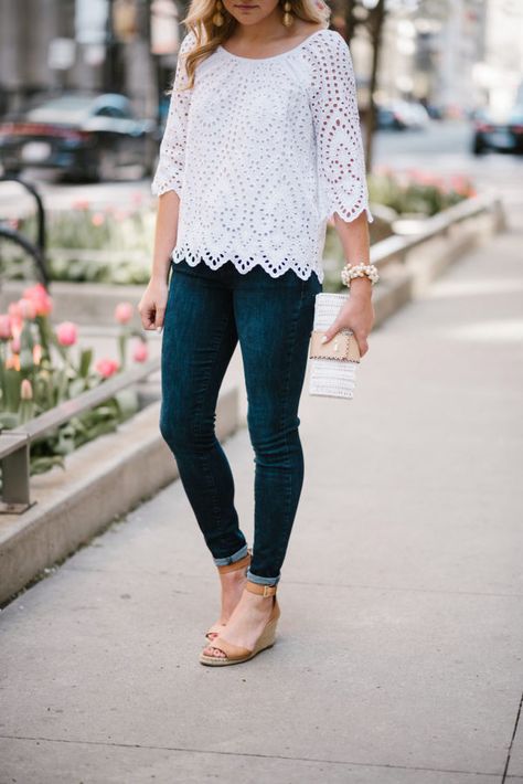 Vineyard Vines Eyelet Top + Vince Camuto Espadrilles | bows & sequins Eyelet Top Outfit, White Eyelet Top, Chicago Fashion, Eyelet Top, Top Outfit, White Eyelet, Weekend Outfit, Lace Tops, Vineyard Vines