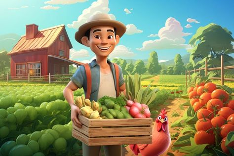 Market Cartoon, Plain Red Background, Farmer Cartoon, Farmer Illustration, Farm Cartoon, Fruit Cartoon, Boy Cartoon, Outdoor Barn Lighting, Farm Field