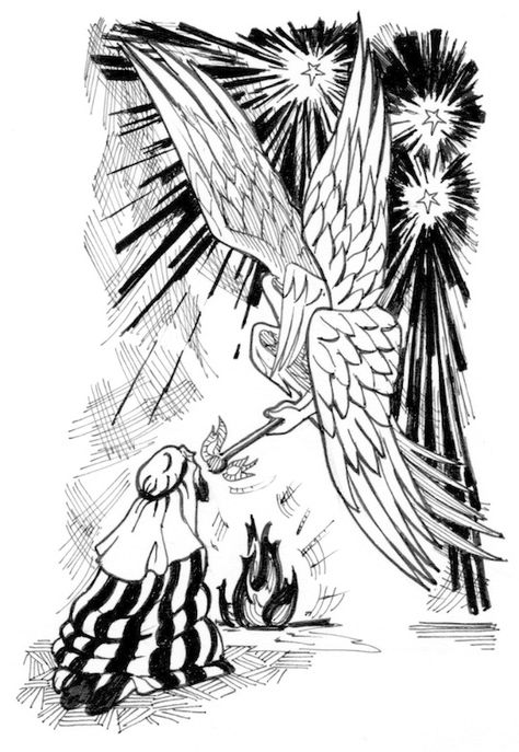 Isaiah 6 Illustration - Isaiah Purified by Seraphim | Saint Mary's Press Angel Without Wings, The Book Of Isaiah, Seraphim Angel, Isaiah 6, Book Of Isaiah, Prophet Isaiah, Isaiah 9, Stations Of The Cross, Lion Of Judah