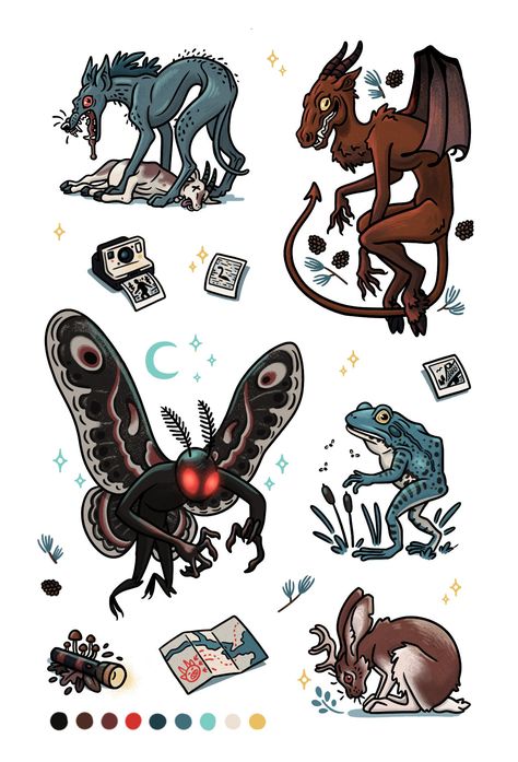 "4\" x 6\" sticker sheet featuring the Jersey Devil, Mothman, the Loveland Frogman, a chupacabra, and a jackalope. The back features information on each mysterious cryptid. Sticker sheets are high-quality latex." Loveland Frogman Tattoo, Chupacabra Tattoo, Jersey Devil Art, Cryptid Drawings, Cryptid Tattoos, Chupacabra Art, Cryptid Stickers, Cryptid Tattoo, Cryptid Design