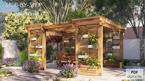 Pergola With Planter Boxes, Pergola With Privacy Wall, Wood Privacy Wall, Pergola With Privacy, Raised Planter Boxes Plans, Front Porch Pergola, Wall Pergola, Diy Arbour, Outdoor Tiki Bar