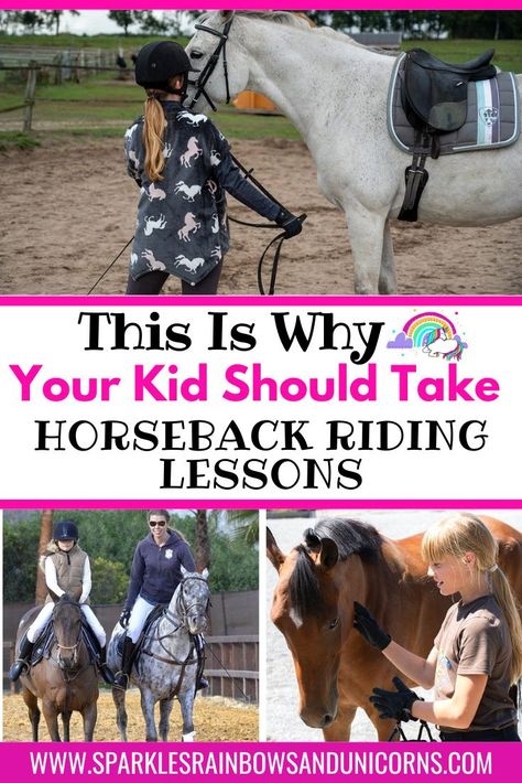 Horse riding is a great activity for kids. Find out 50 benefits that horseback riding can give to your child. There are mental and physical benefits to riding horses, as well as improving character, building life skills, and more! #benefitsofhorseriding #horseridingforkids #kidsridinghorses #horselovingkids #benefitsofhorseridingforkids #sparklesrainbowsandunicorns Beginner Riding Lesson Ideas, Horse Riding For Kids, Therapeutic Horseback Riding, Saddle Club, Therapeutic Riding, Boarding Facility, Horseback Riding Lessons, Horse Lessons, Equine Therapy