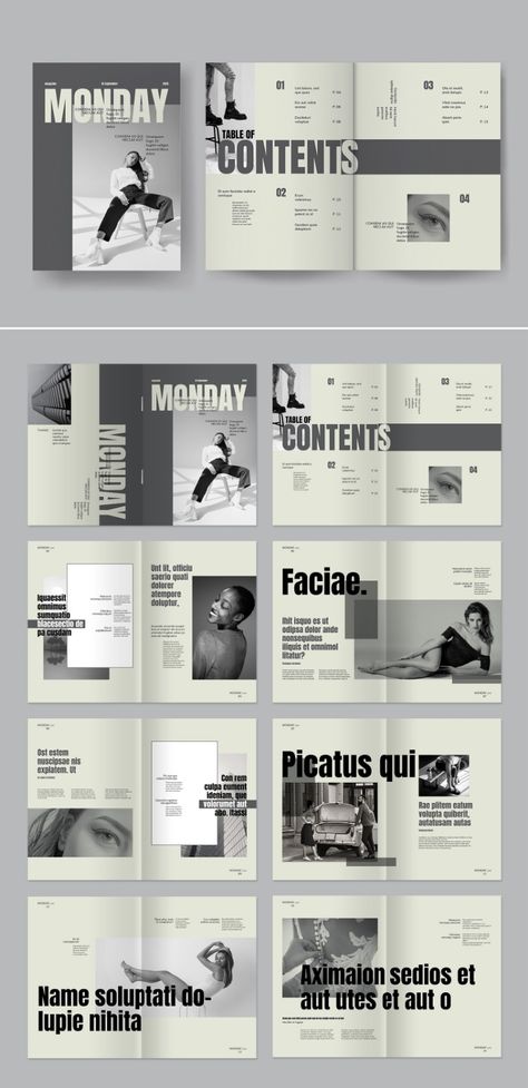 Monochrome Magazine Layout Magazine Template White Space Magazine Layout, Zines Design Ideas, Magazine Articles Design, Magazine Reference Layout Design, Booklet Front Cover Design, Editorial Magazine Design Layout, Layout Design Inspiration Magazine, Magazine List Layout, Magazine Image Layout