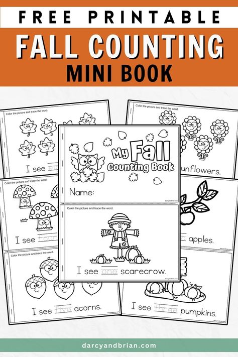 Fall Counting Book Printable for Preschool Fall Counting Books Preschool, Fall Vocabulary Preschool, Number Books Preschool Free Printable, Free Fall Preschool Printables, Garden Preschool, Kindergarten Thanksgiving, Preschool Thanksgiving, Fall Classroom, Kids Handwriting