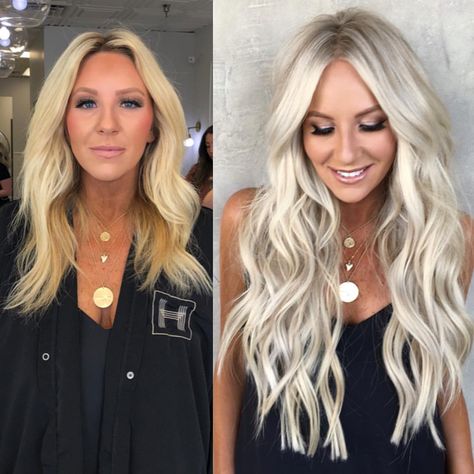 Before & After 🤩 w/ @habit.hand.tied.extensions | formula soon on @haircation or online education www.haircation.com Blonde Hair Extensions Before And After, Before And After Blonde, 20 Inch Hair, Platinum Hair Extensions, 20 Inch Hair Extensions, 22 Inch Hair Extensions, Hand Tied Extensions, Blonde Extensions, Grey Blonde Hair