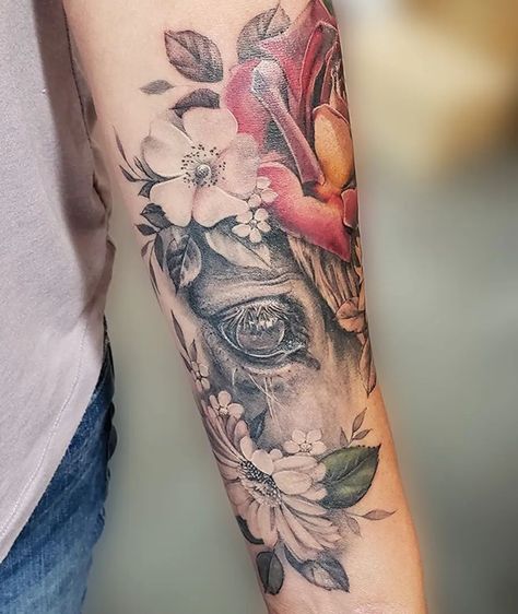 Horse And Floral Tattoo, Sunflower Horse Tattoo, Vintage Horse Tattoo, Horse Shoulder Tattoo, Eye Floral Tattoo, Flower Horse Tattoo, Horse Sleeve Tattoos For Women, Horse Eye Tattoo, Horse Tribute Tattoo