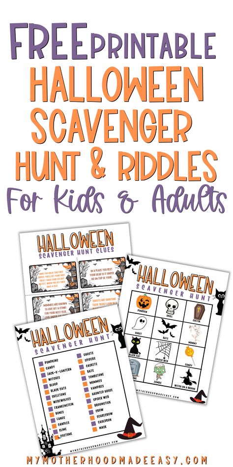 Free Printable Halloween Scavenger Hunt and Clues PDF - My Motherhood Made Easy Printable Halloween Scavenger Hunt, Scavenger Hunt Template, Scavenger Hunt Riddles, Fall Scavenger Hunt, Scavenger Hunt List, Halloween Bucket List, Free Printable Halloween, Scavenger Hunt Clues, Halloween Scavenger Hunt