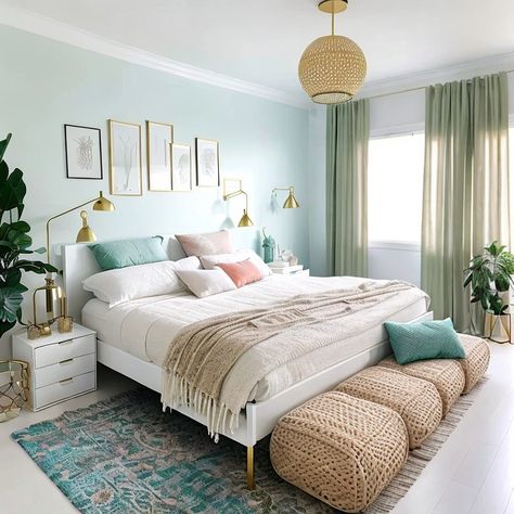 Pastel green walls in a green bedroom.  A different shade of green on the mat below. White green and orange pillows to go with the room. Gold touch aesthetic in the furniture. Plants and art frames on the wall. Green Girly Bedroom, Green Teen Bedroom, Bedroom Ideas Sage, Teen Bedroom Green, Green Girls Bedroom, Bedroom For Teens, Great Amazon Finds, Girls Bedroom Green, Teen Girl Bedroom Ideas