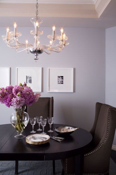 dining rooms - lilac walls tray ceiling black white art white gallery frames espresso dining table chocolate brown dining table silver nailhead trim Lilac Walls, Purple Dining Room, Brown Dining Room, Brown Dining Table, Grey Dining Room, Dining Room Contemporary, Purple Rooms, Dining Room Combo, Grey Dining