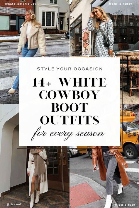 We’re showing you how to style white cowboy boots and 14+ chic white cowboy boot outfits for that perfect urban cowgirl look! Whether you need a cowboy boot outfit for a concert, work, or everyday wear, we’ve got the chic styles for you. Click through for the chicest white cowboy boot outfits with dresses, jeans, and ideas for summer, winter, spring, and fall. White Cowgirl Boots Outfit Winter, White Cowgirl Boots Outfit, Ankle Cowboy Boots Outfit, White Cowboy Boots Outfit, Loose Jeans Outfit, Western Boot Outfit, Boots Outfit Ideas, Cowboy Boot Outfits, Western Boots Outfit