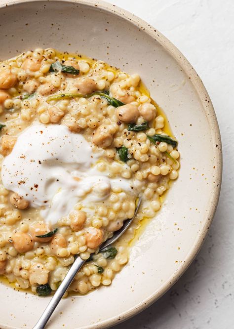 Creamy Giant Couscous With Chickpeas   Spinach Dinners With Couscous, Vegan Couscous Recipes, Giant Couscous, Chickpeas And Spinach, Creamy Orzo, Broccoli Fritters, Eat More Plants, Spinach Recipe, Brunch Desserts